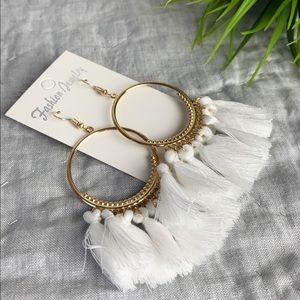 White tassel hoop earrings